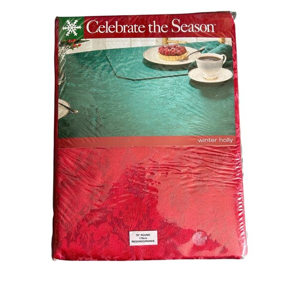 Celebrate The Season Winter Holly 70" Round Red Tablecloth Christmas holiday - Picture 1 of 2